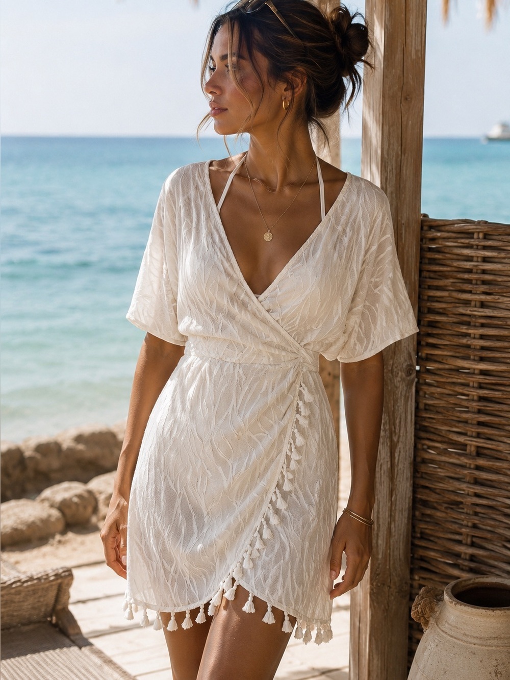 Boho Cream Textured Wrap Mini Dress Swim‎ Cover Trim V-Neck Medium Resortwear